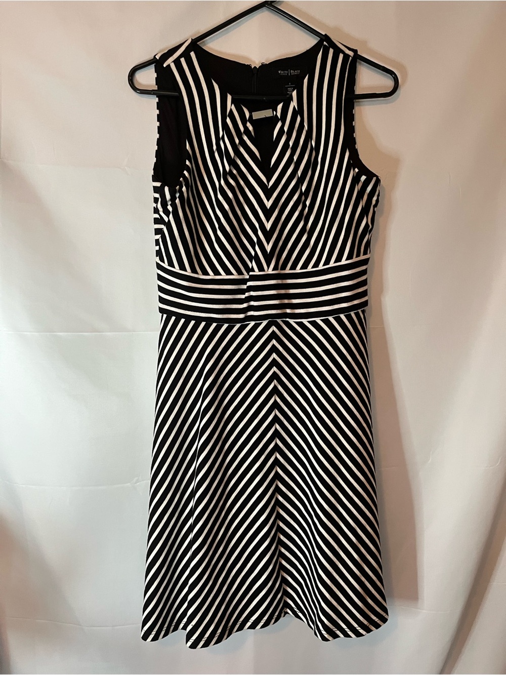 White House Black Market Black and White Striped Midi Fit-and-Flare Dress